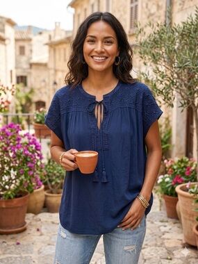 Johnny Was Calmé double tassel floral embroidered boho tunic blouse